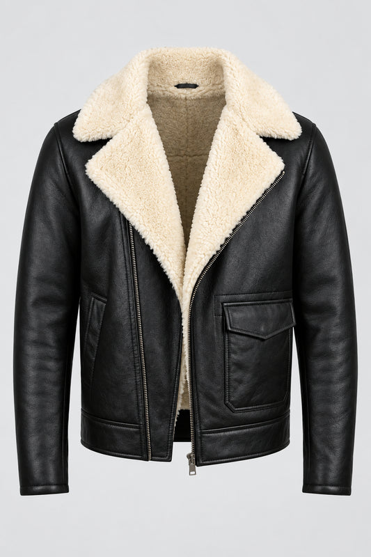 Men's Black Coral Real Leather Biker Jacket Genuine Sheep Fur Collar