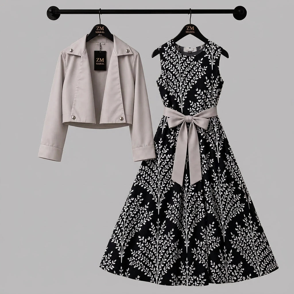 ZM Mahal Black & White Floral Dress with Matching Cropped Jacket