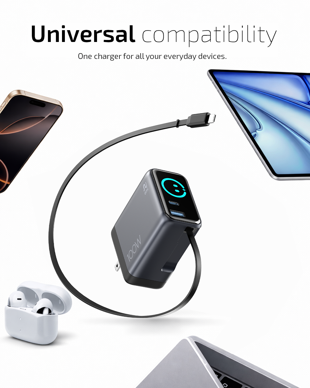 OMI 100W GaN Charger Interactive Display & Retractable USB-C Cable
