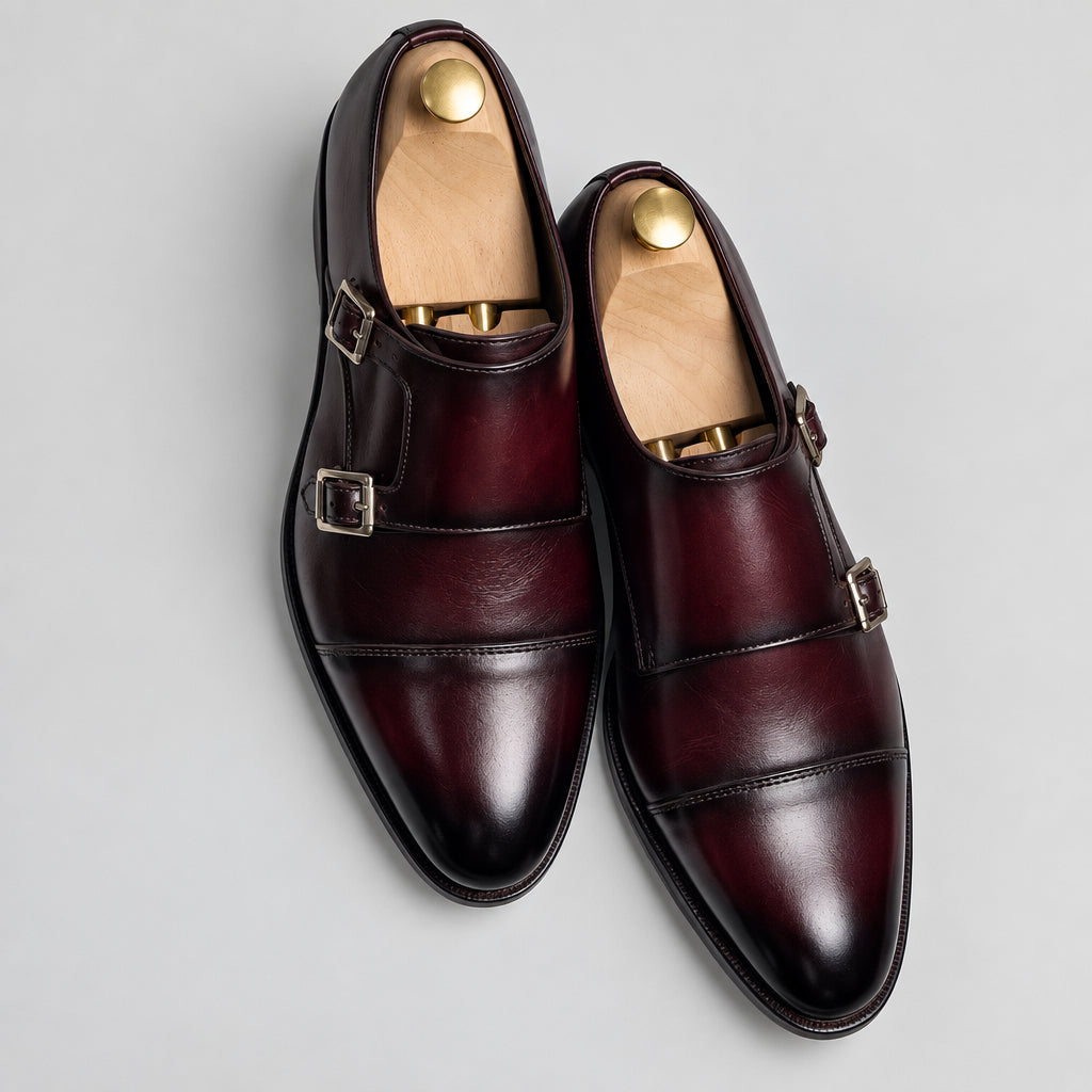 Burgundy Leather Double Monk Strap Shoes