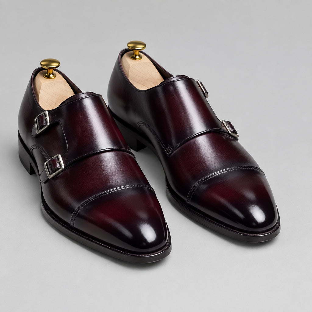 Burgundy Leather Double Monk Strap Shoes