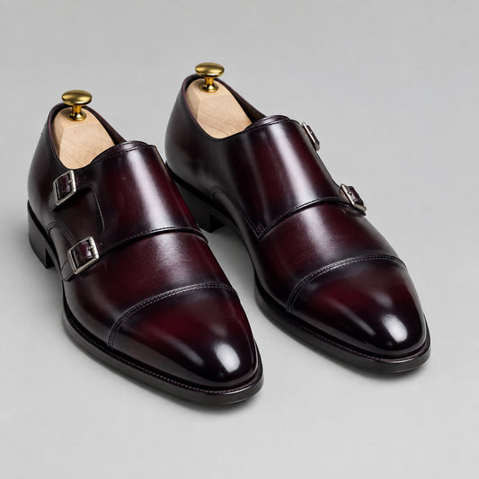 Burgundy Leather Double Monk Strap Shoes