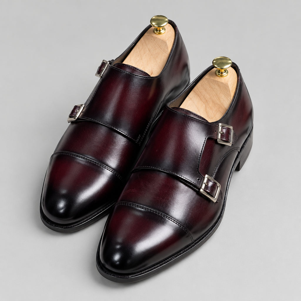 Burgundy Leather Double Monk Strap Shoes