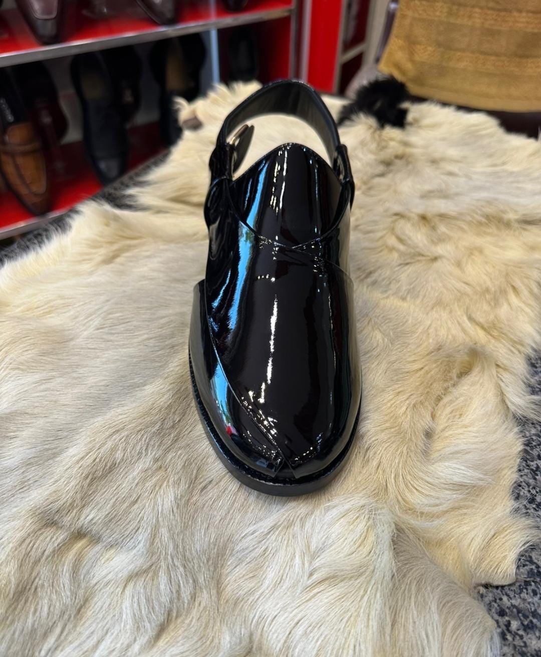 Glossy Black Patent Leather Peshawari Chappal