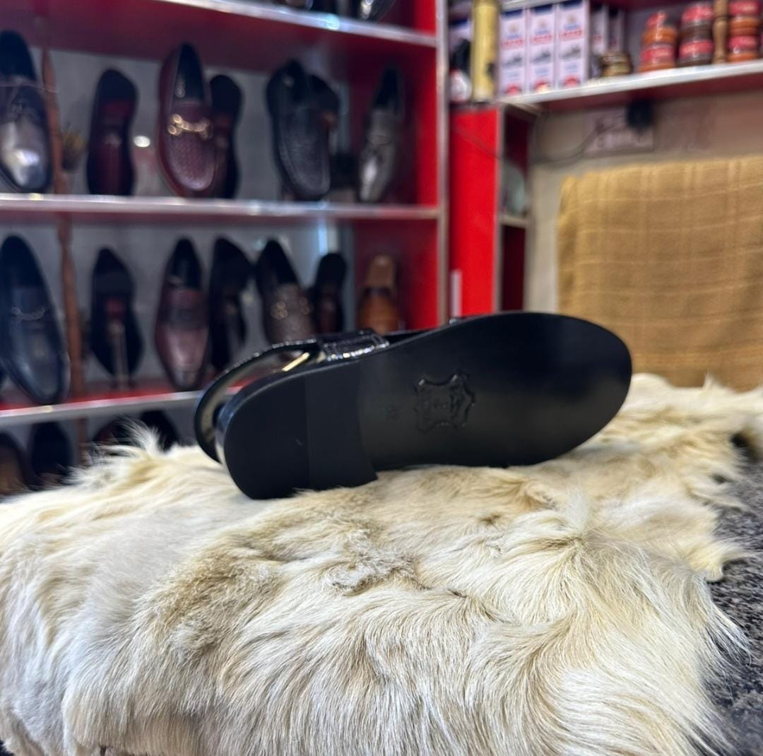 Glossy Black Patent Leather Peshawari Chappal