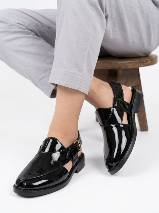 Glossy Black Patent Leather Peshawari Chappal