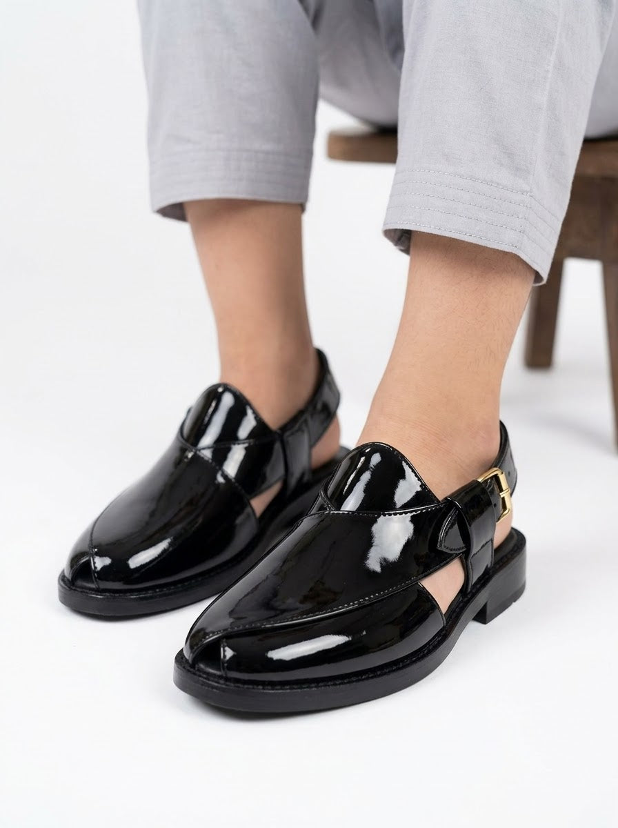 Glossy Black Patent Leather Peshawari Chappal