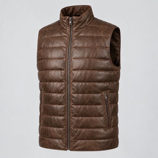 MICKY III – Antique Distressed Genuine Leather Quilted Puffer Vest