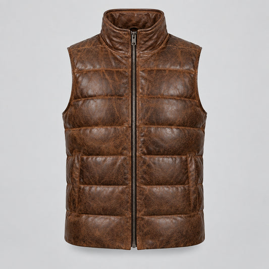 MICKY III – Antique Distressed Genuine Leather Quilted Puffer Vest