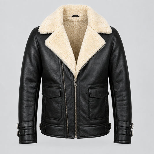 Men's Black Coral Real Leather Biker Jacket Genuine Sheep Fur Collar