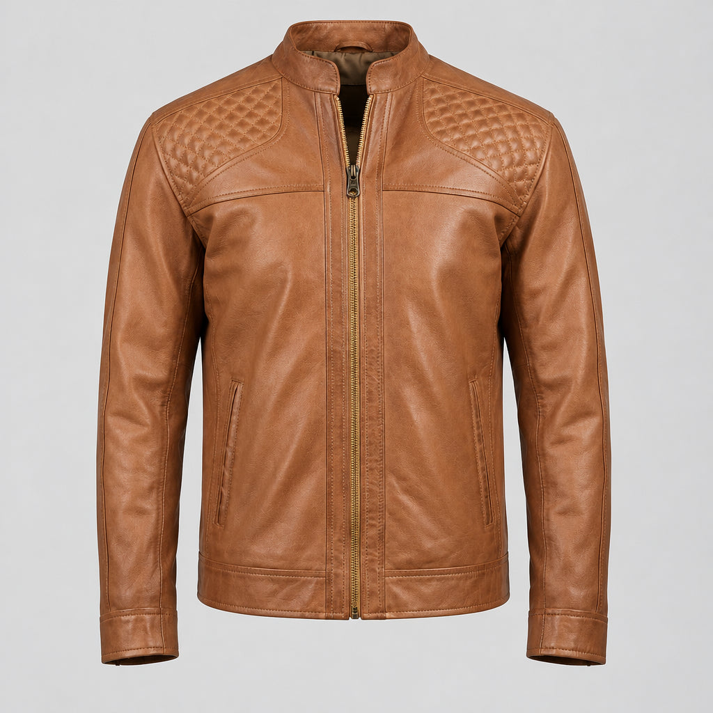 Style Leo 1 – Men's Real Sheep Leather Biker Jacket (Tan Brown)