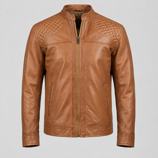 Style Leo 1 – Men's Real Sheep Leather Biker Jacket (Tan Brown)