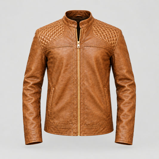 Style Leo 1 – Men's Real Sheep Leather Biker Jacket (Tan Brown)