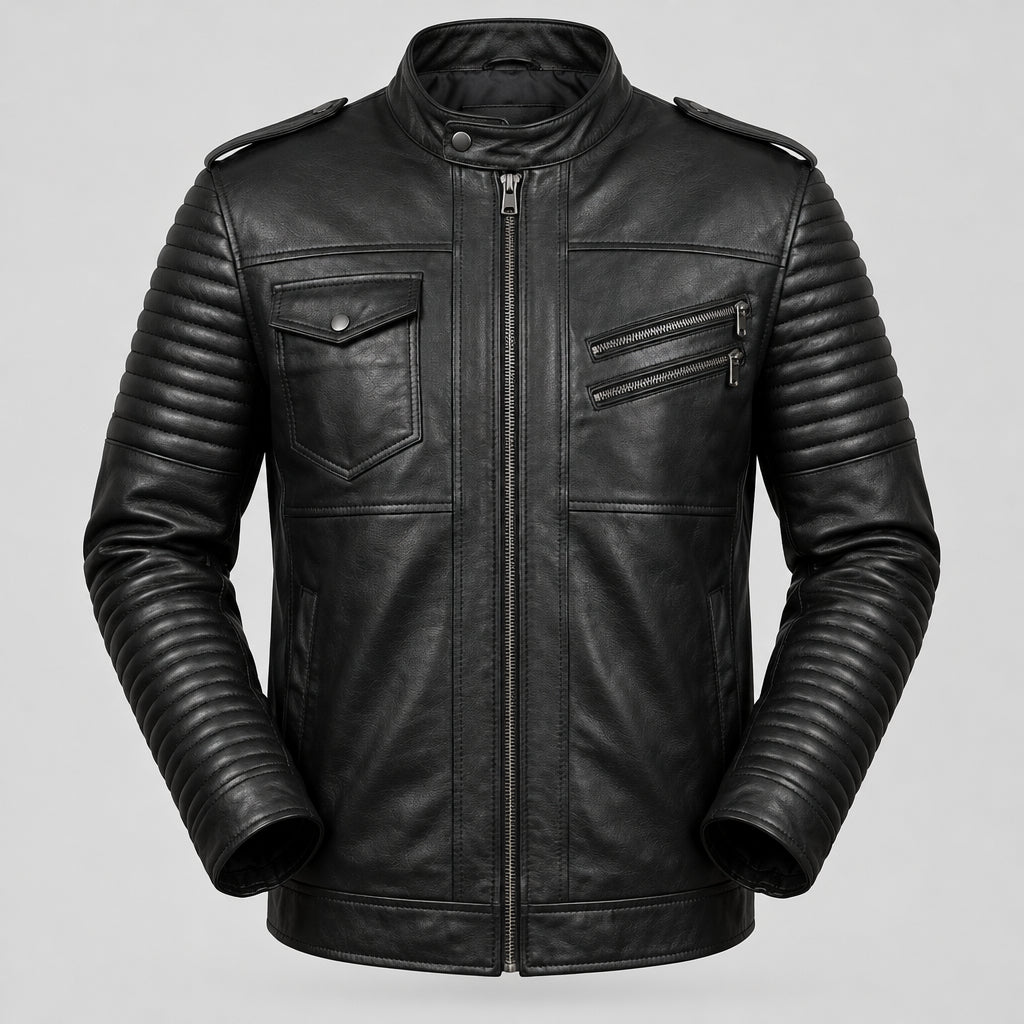 Leo3 Men’s Black Biker Jacket with Quilted Sleeves
