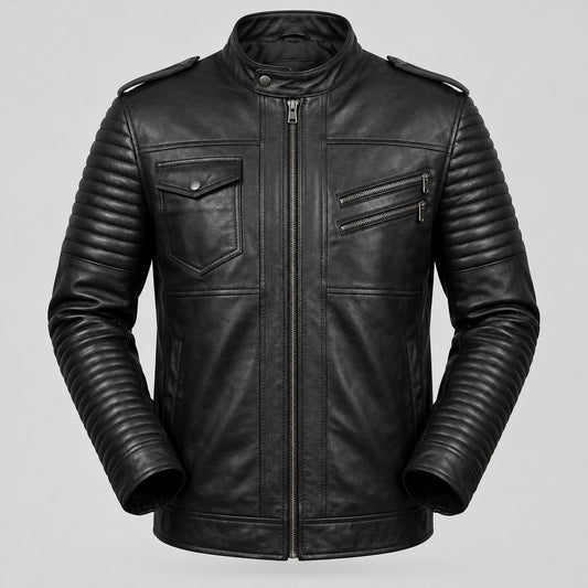 Leo3 Men’s Black Biker Jacket with Quilted Sleeves
