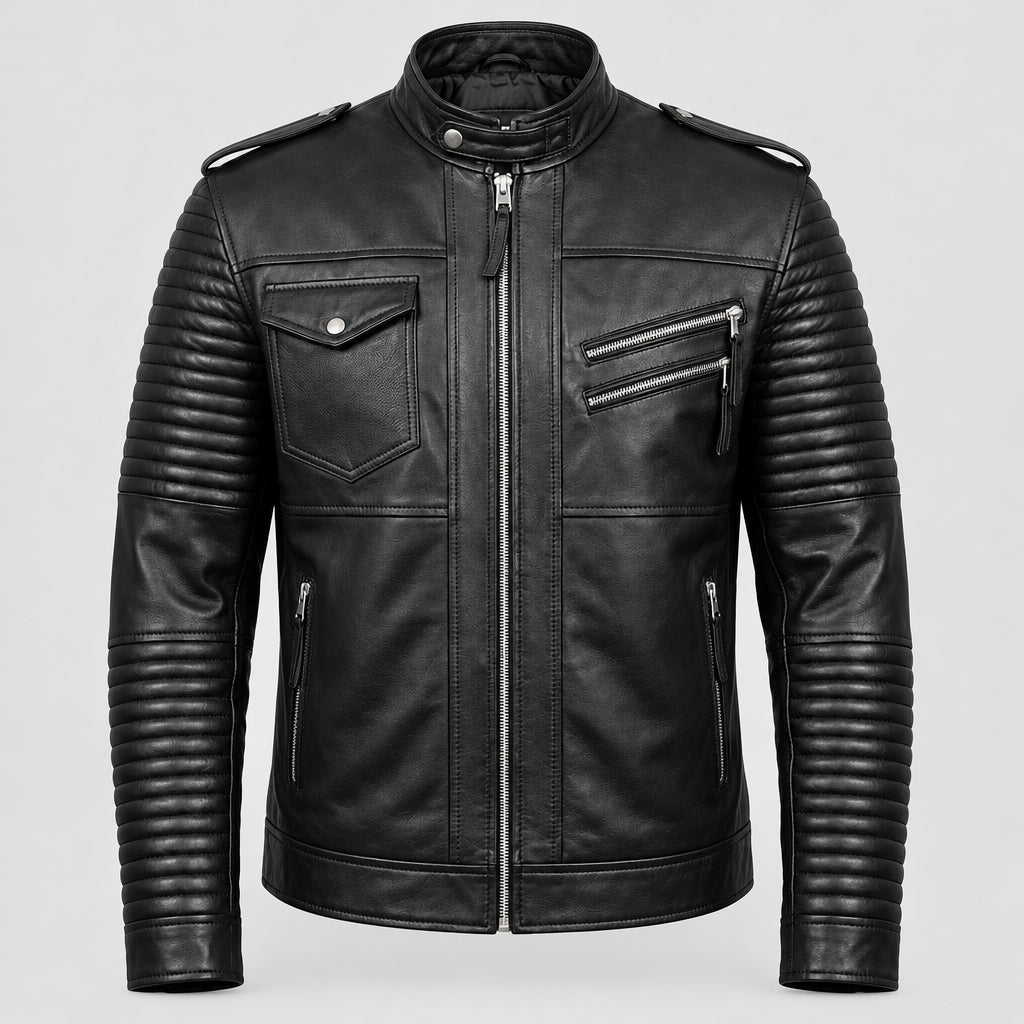 Leo3 Men’s Black Biker Jacket with Quilted Sleeves