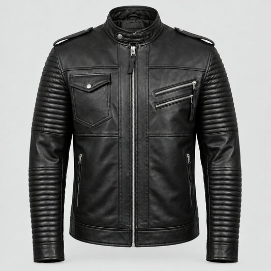 Leo3 Men’s Black Biker Jacket with Quilted Sleeves